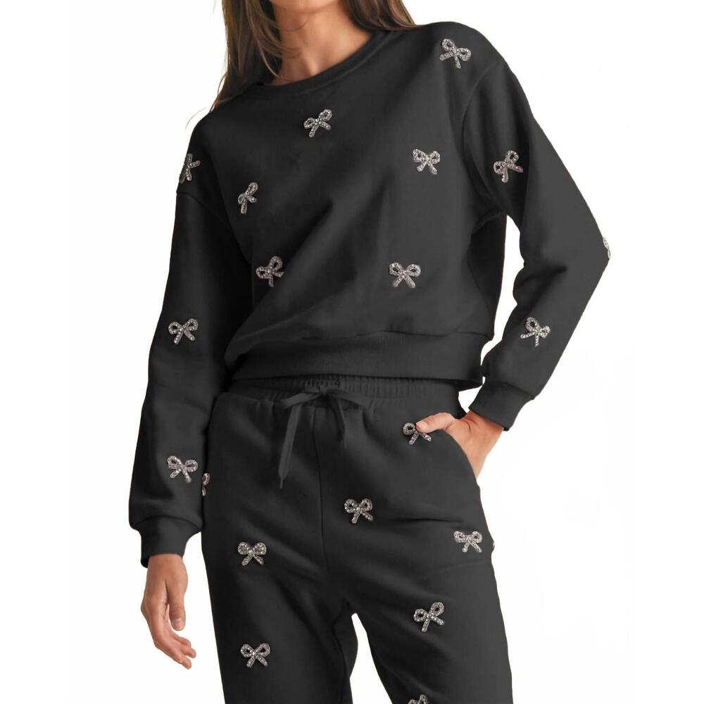 NEW ENDLESS BLU. jewel bow cotton pullover sweater in black